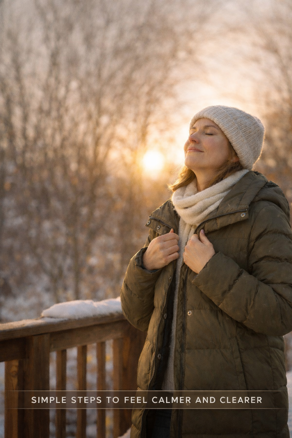 Woman standing outside in cold weather, taking a slow breath of fresh air for a nervous system reset