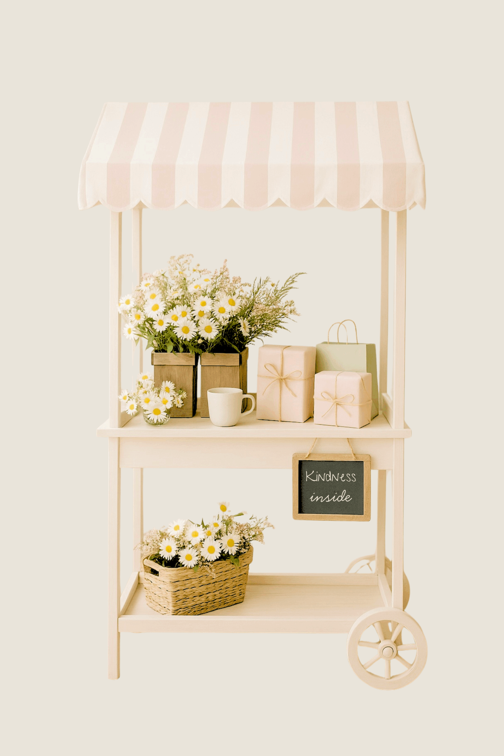 A small white cart with flowers, wrapped gifts, and a sign that reads “Kindness inside.”