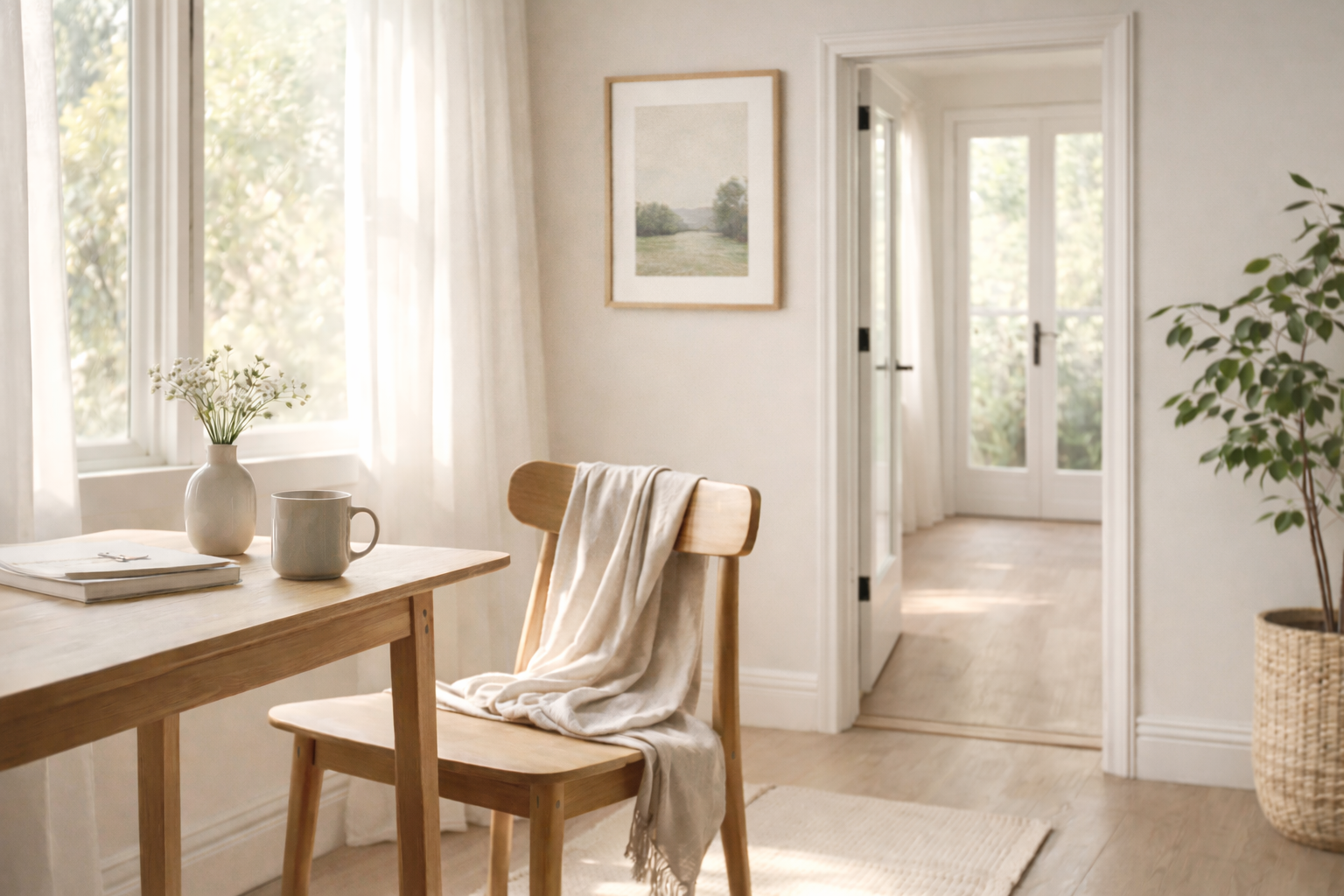 Minimalist breakfast nook with natural light, wooden table and chair, soft linen throw, framed wall art, and open doorway creating a calm, peaceful home atmosphere.