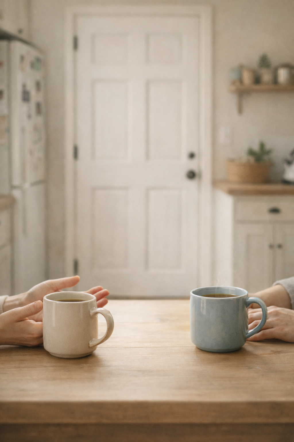 Two women sitting at a kitchen table with warm mugs of coffee, having a calm, supportive conversation in a cozy home setting.