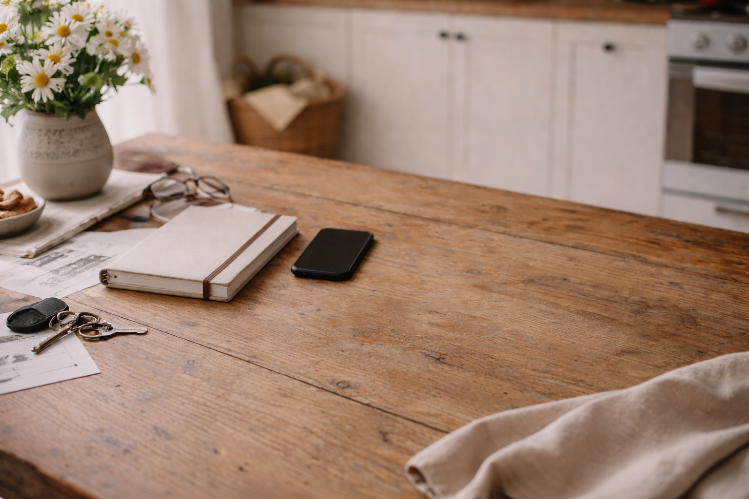 A calm, sunlit kitchen table with a notebook, phone, keys, and fresh flowers, creating a peaceful and lived-in home atmosphere.