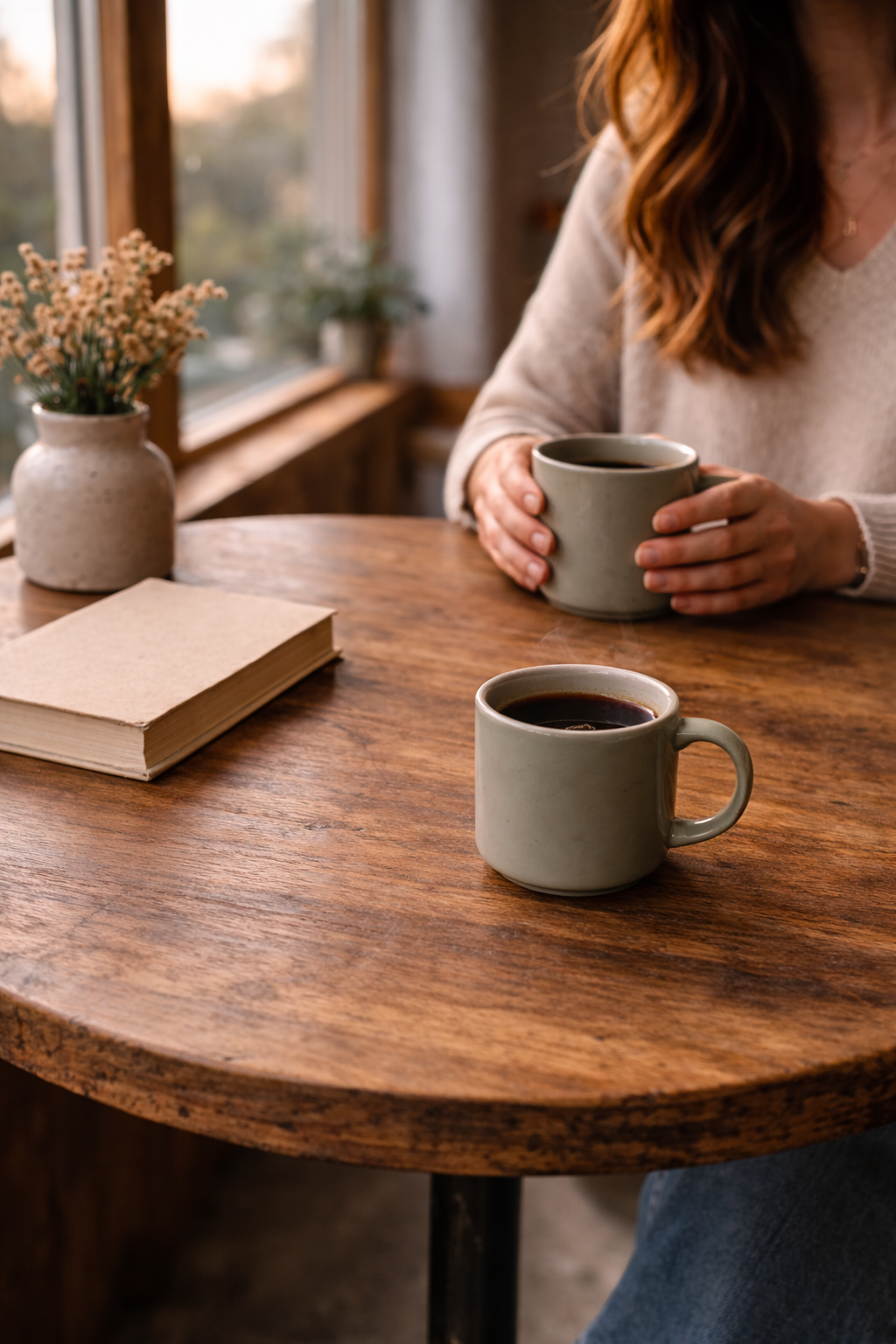 Two neutral ceramic coffee mugs on a round wooden café table with a book and dried flowers, soft natural window light, woman holding mug in background