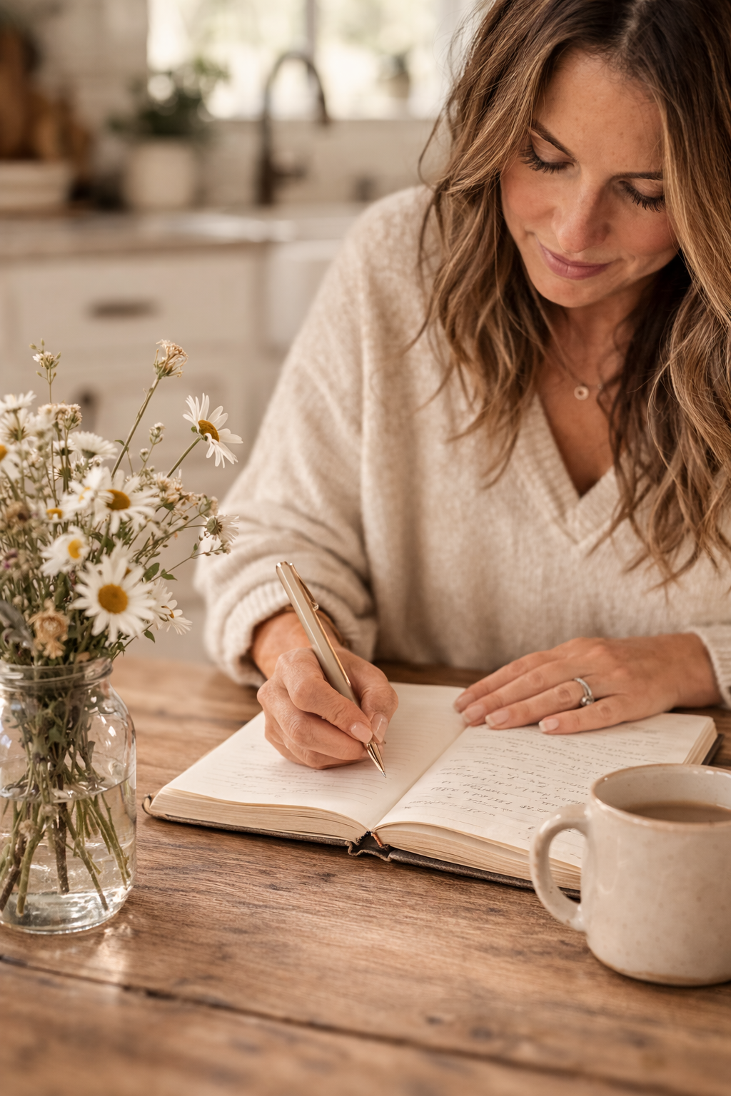 Women writing in journal at kitchen table with daisies and coffee, reflecting on Proverbs 31 character and everyday wisdom