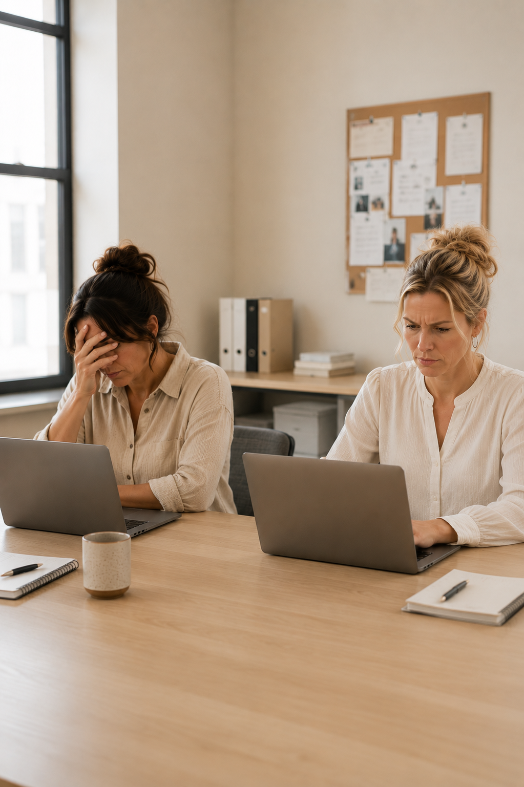 Two women working side by side at a desk with tension between them, dealing with a rude coworker at work