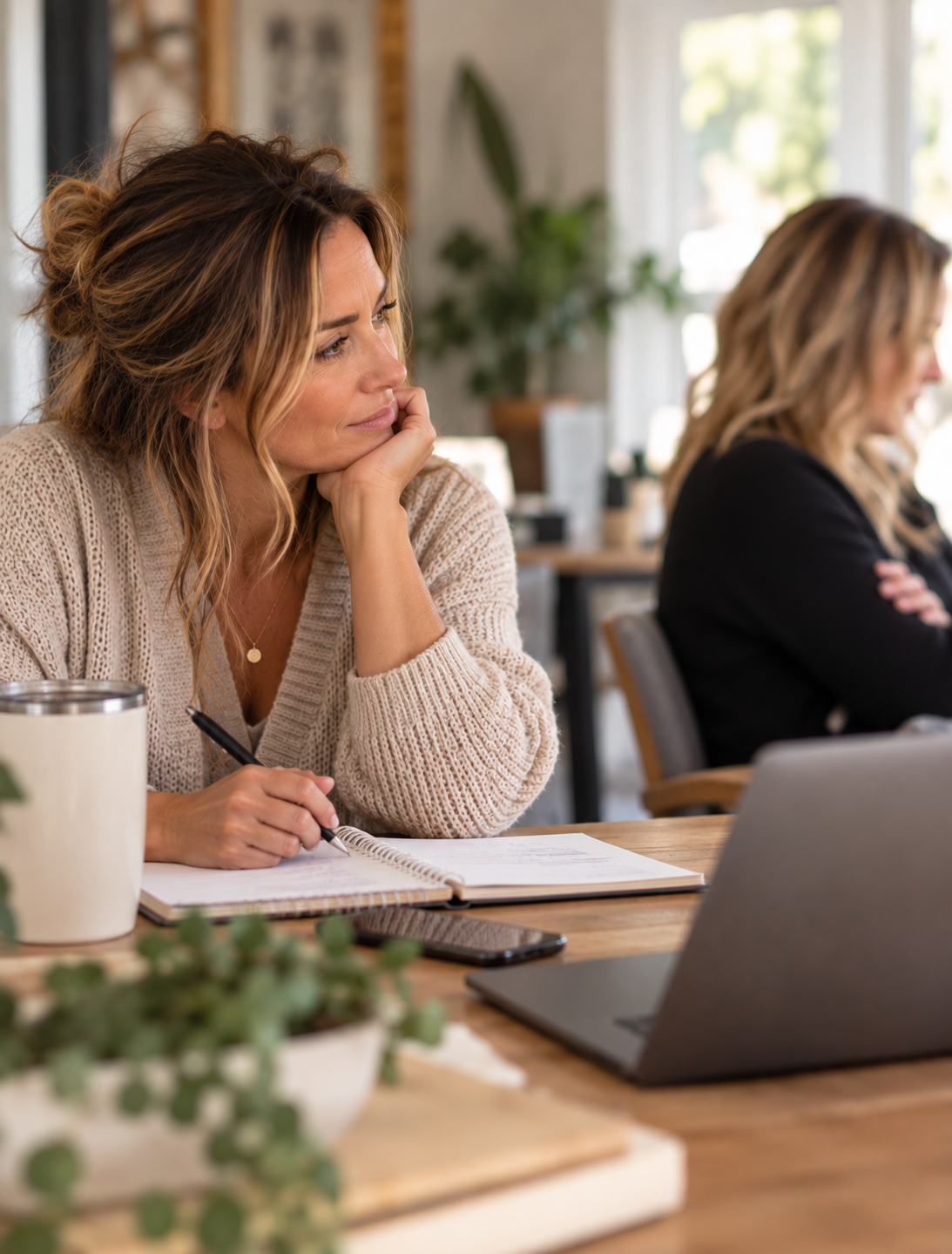 Woman in a cozy sweater writing in a notebook while a coworker nearby sits turned away with her arms crossed